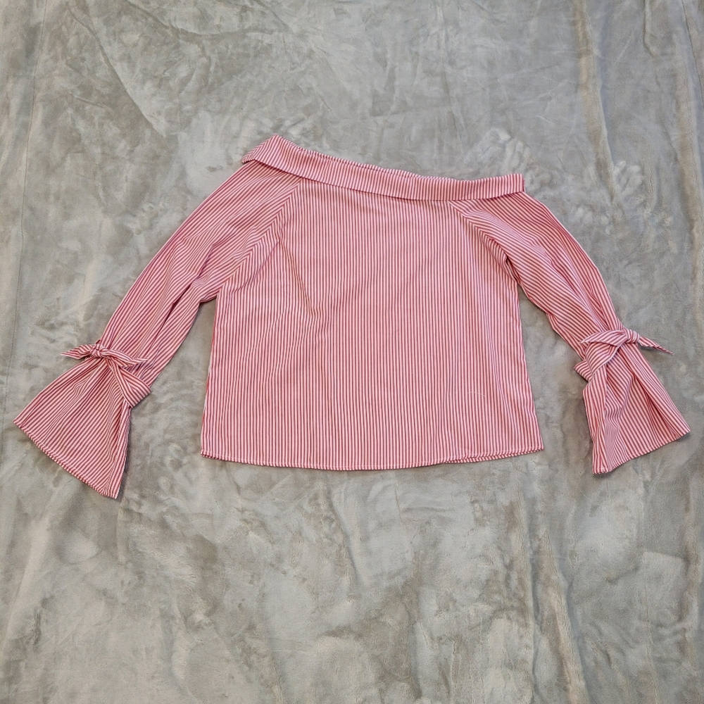 Haute Monde Womens Striped‎ Top Large Asymmetrical Neckline Bell Sl Lightweight